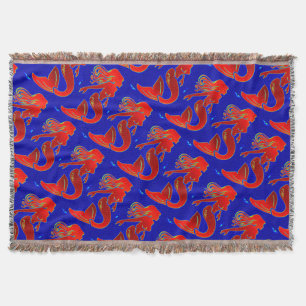 red pin-up mermaids blue throw blanket