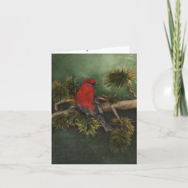 Red Pine Grosbeak Bullfinch Bird Greeting Card (Front)
