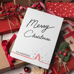 Red Pine Tree Blue Star Simple Merry Christmas Thank You Card