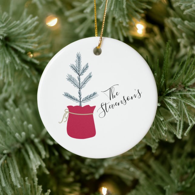 Red  Pine Tree Personalised Name Pretty Ceramic Ornament (Tree)