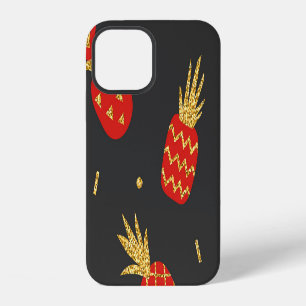 Red pineapple, glitter, black background. iPhone 12 case