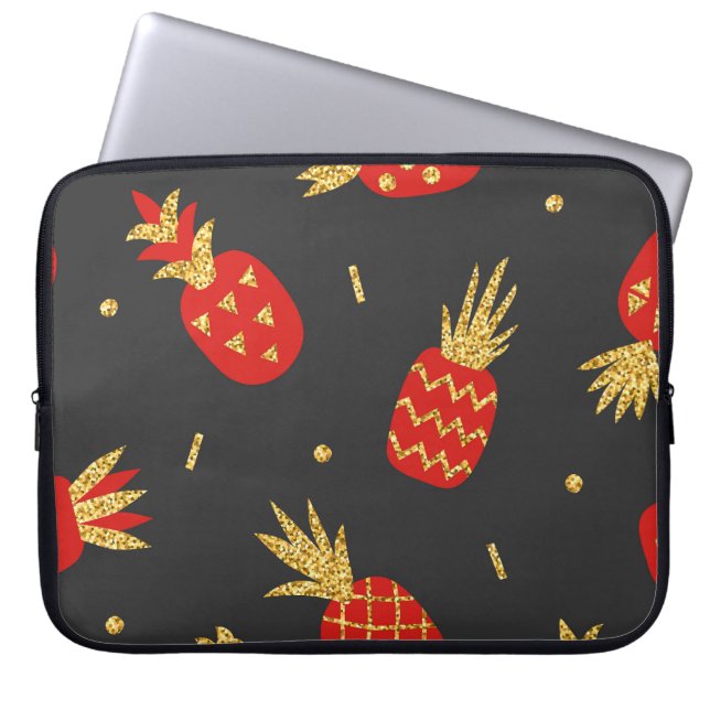 Red pineapple, glitter, black background. laptop sleeve (Front)