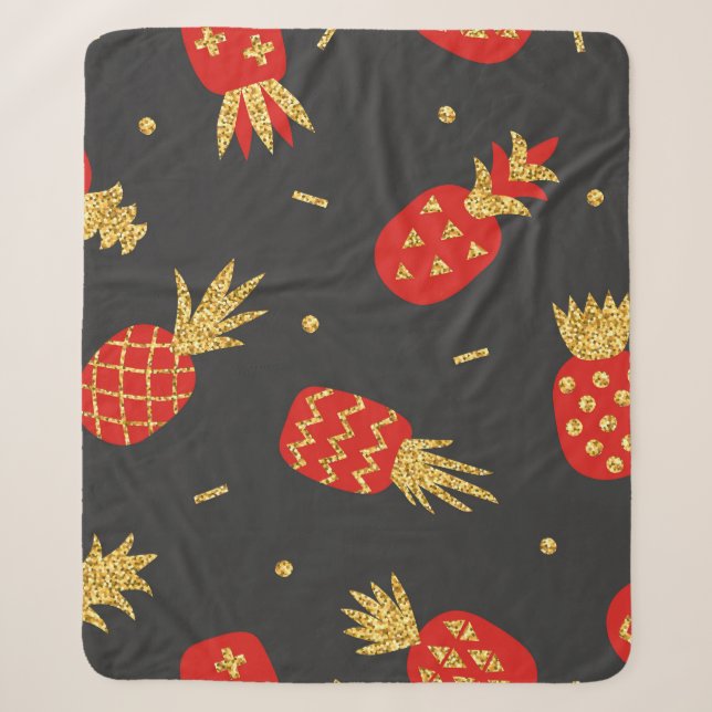 Red pineapple, glitter, black background. sherpa blanket (Front)