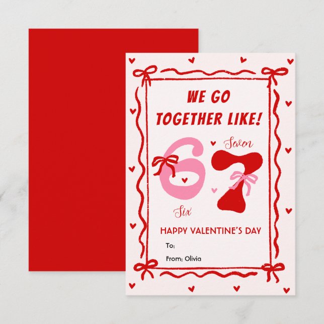 Red Pink 6 7 Meme Coquette Bow Valentines Day Card (Front/Back)