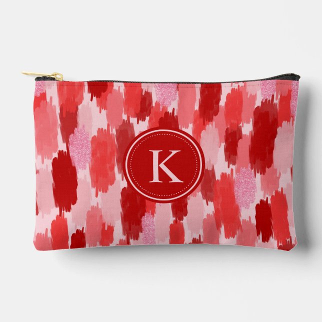 Red Pink Abstract Brushstrokes Pattern Monogram  Accessory Pouch (Front)