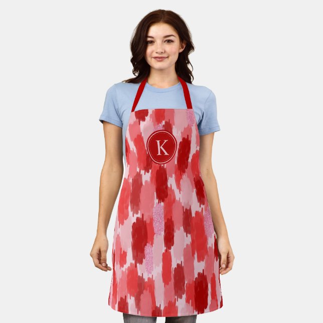Red Pink Abstract Brushstrokes Pattern Monogram  Apron (Worn)