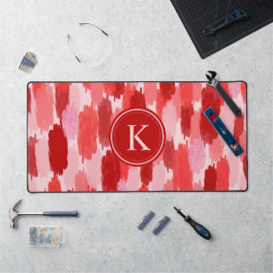 Red Pink Abstract Brushstrokes Pattern Monogram Desk Mat