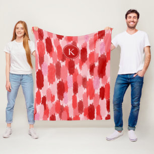 Red Pink Abstract Brushstrokes Pattern Monogram Fleece Blanket