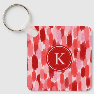 Red Pink Abstract Brushstrokes Pattern Monogram Key Ring