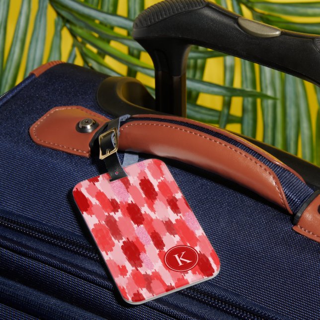 Red Pink Abstract Brushstrokes Pattern Monogram Luggage Tag (Front Insitu 1)