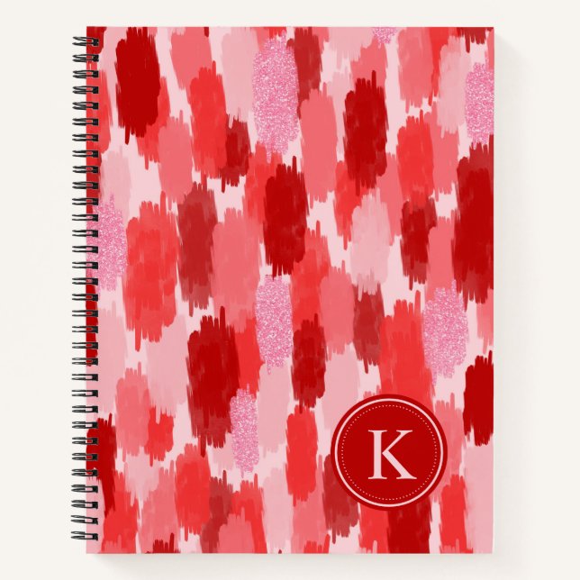 Red Pink Abstract Brushstrokes Pattern Monogram Notebook (Front)