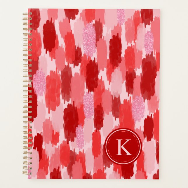 Red Pink Abstract Brushstrokes Pattern Monogram Planner (Front)