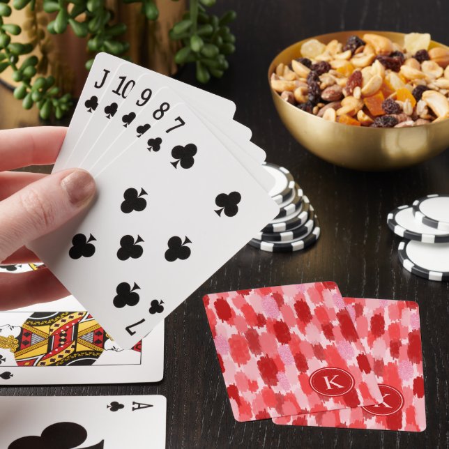 Red Pink Abstract Brushstrokes Pattern Monogram Playing Cards (In Situ)