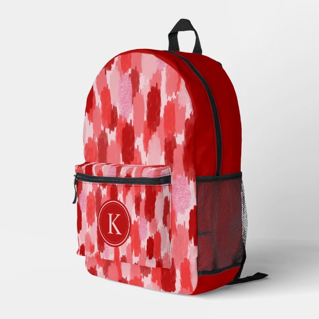 Red Pink Abstract Brushstrokes Pattern Monogram  Printed Backpack (Back Corner Right)