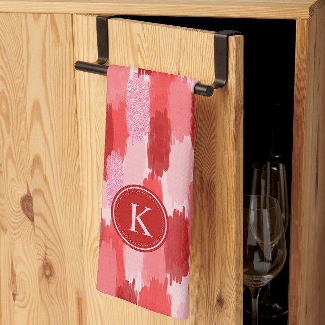 Red Pink Abstract Brushstrokes Pattern Monogram  Tea Towel (Thirds Fold)