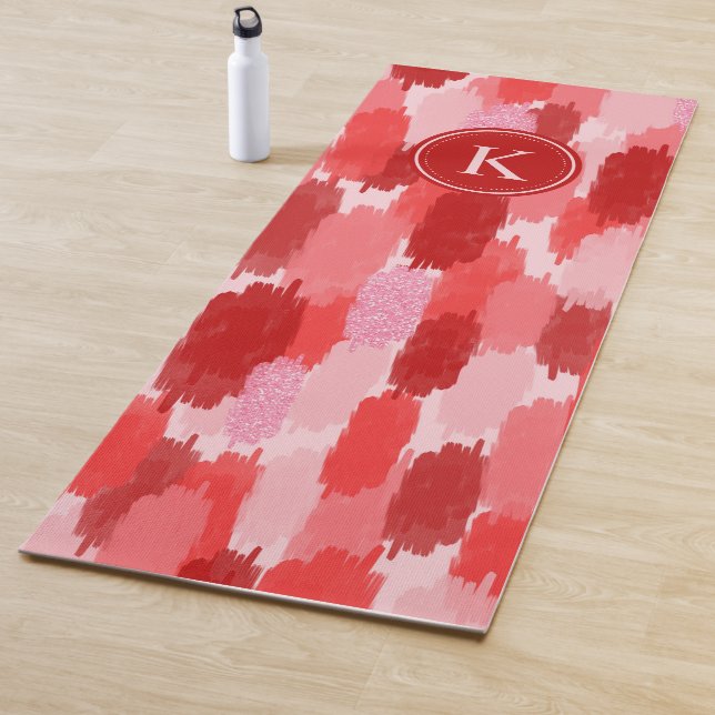 Red Pink Abstract Brushstrokes Pattern Monogram  Yoga Mat (In Situ)