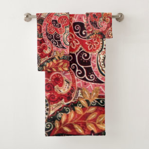 Red, Pink and Black Vintage Paisley Floral Bath Towel Set