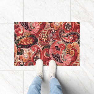 Red, Pink and Black Vintage Paisley Floral Doormat