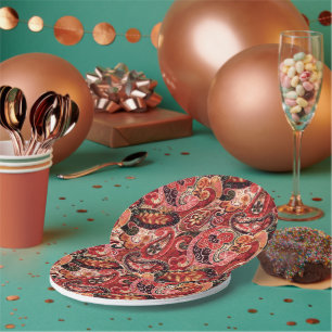 Red, Pink and Black Vintage Paisley Floral Paper Plate