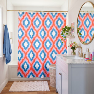 Red Pink and Blue Colourful Ogee Ikat Pattern Shower Curtain