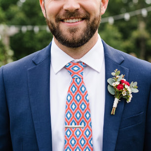 Red Pink and Blue Colourful Ogee Ikat Pattern Tie