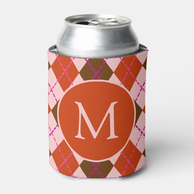 Red Pink and Brown Argyle Pattern Monogram Can Cooler (Can Front)