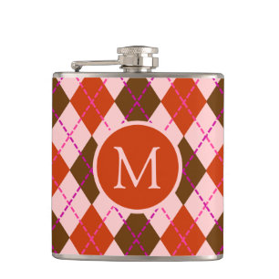 Red Pink and Brown Argyle Pattern Monogram Hip Flask