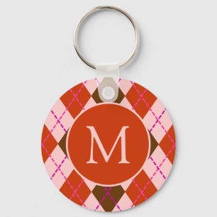 Red Pink and Brown Argyle Pattern Monogram Key Ring