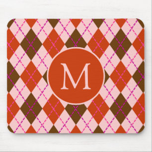 Red Pink and Brown Argyle Pattern Monogram Mouse Pad