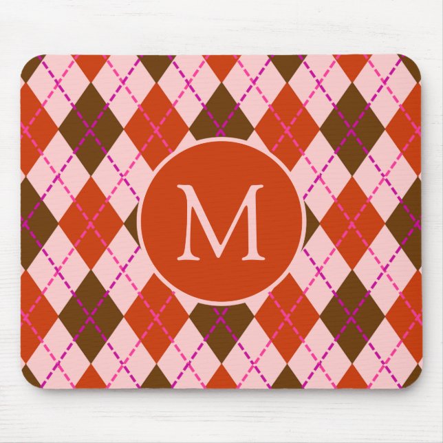 Red Pink and Brown Argyle Pattern Monogram Mouse Pad (Front)