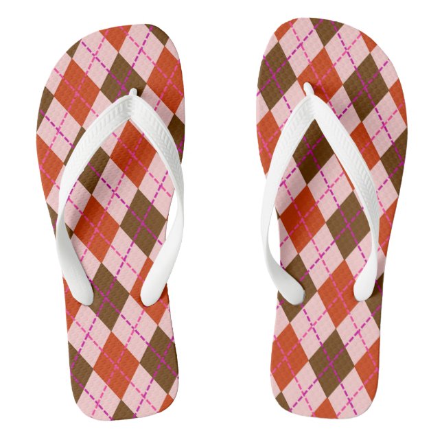 Red Pink and Brown Argyle Pattern Thongs (Footbed)