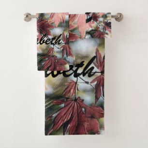 Red pink and brown fall leaves painting bath towel set