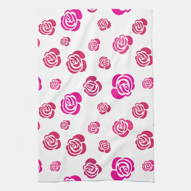 Red Pink and Magenta Roses in a Flowery Pattern Tea Towel (Vertical)