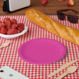 Red, pink, and purple paint strokes overlap and bl paper plate