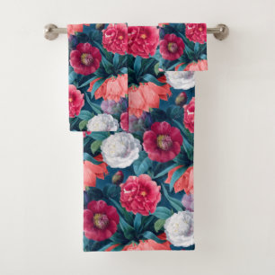 Red, Pink and White Peony and Lily Flowers Bath Towel Set