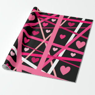 Red, pink and white stripes and hearts wrapping paper
