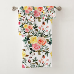 Red Pink and yellow watercolor rose Bath Towel Set
