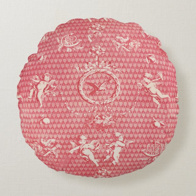 Red Pink Antique Cupid Angels and Hearts Round Cushion (Front)