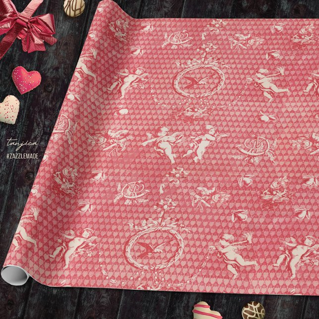 Red Pink Antique Cupid Angels and Hearts Wrapping Paper (Creator Uploaded)
