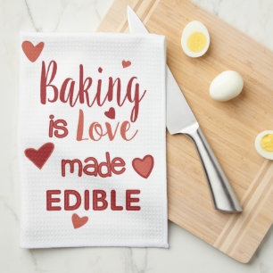 Red & Pink Baking Is Love Made Edible With Hearts  Tea Towel