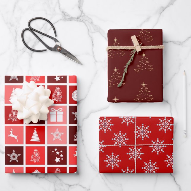 Red, Pink & Berry Fun Christmas Gift Wrapping Paper Sheet (Front)