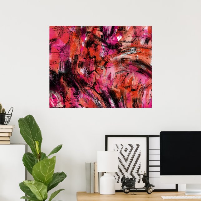 Red Pink Black Abstract Expressionist Wall Art (Home Office)