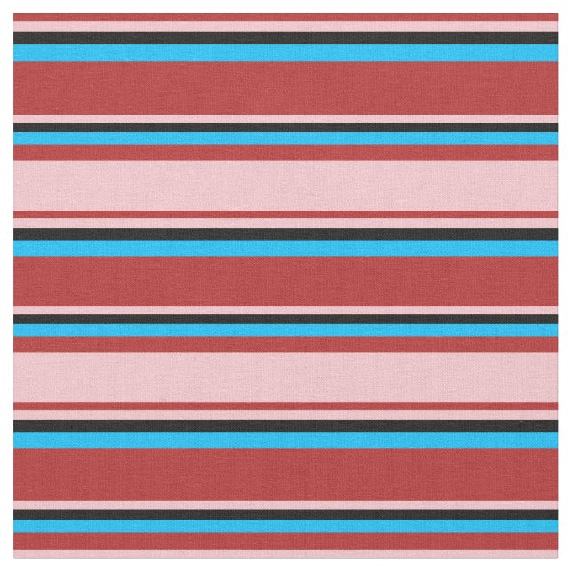 Red, Pink, Black & Deep Sky Blue Stripes Fabric (Close Up)