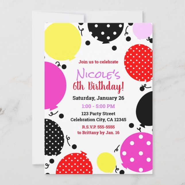 Red Pink Black Polka Dot Balloons Birthday Party Invitation (Front)