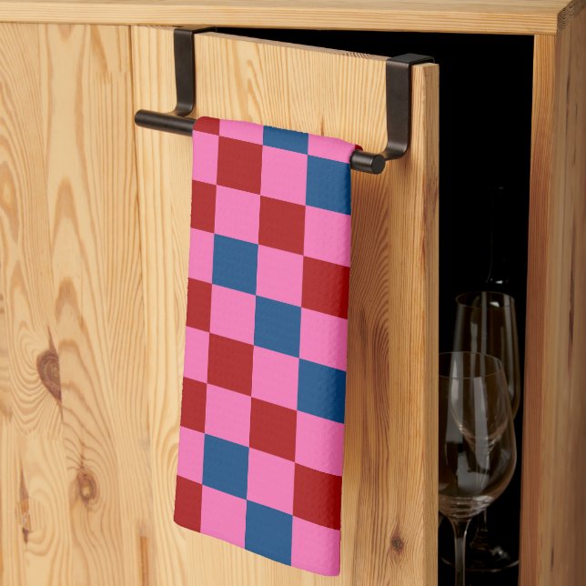 Red Pink Blue Chequered Pattern Design  Tea Towel (Thirds Fold)