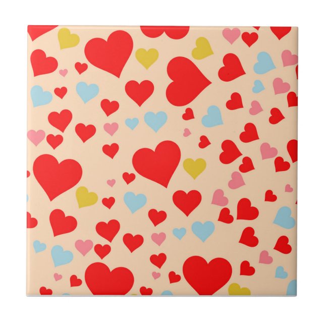 Red Pink Blue Colourful Cute Heart Y2K Pattern Ceramic Tile (Front)