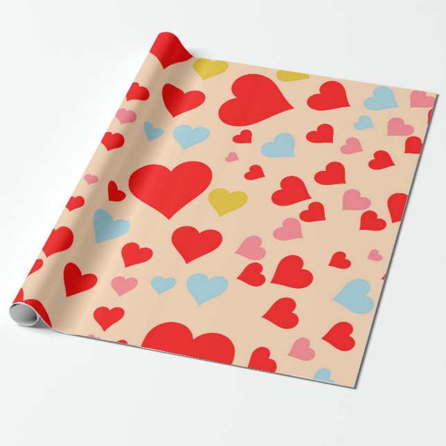Red Pink Blue Colourful Simple Heart Y2K Pattern Wrapping Paper (Unrolled)