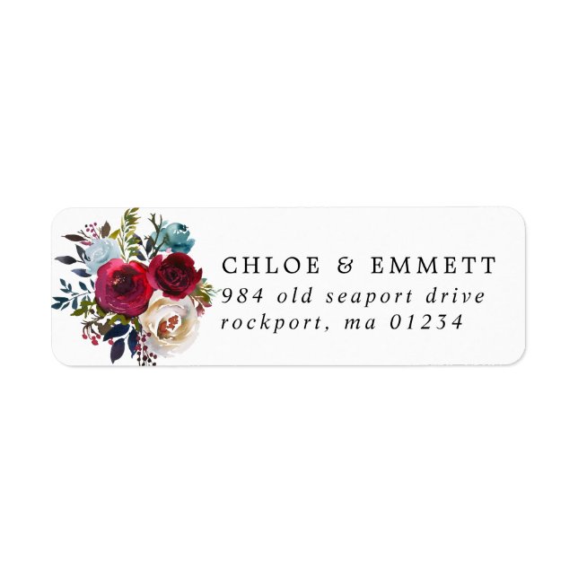 Red Pink Blue Floral Wedding Return Address Label (Front)