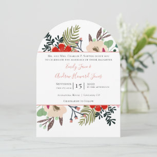 Red Pink Blue Green Floral Ferns Typography Invitation