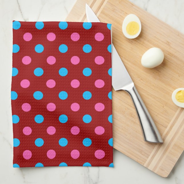 Red Pink Blue Polka Dot Pattern Tea Towel (Quarter Fold)